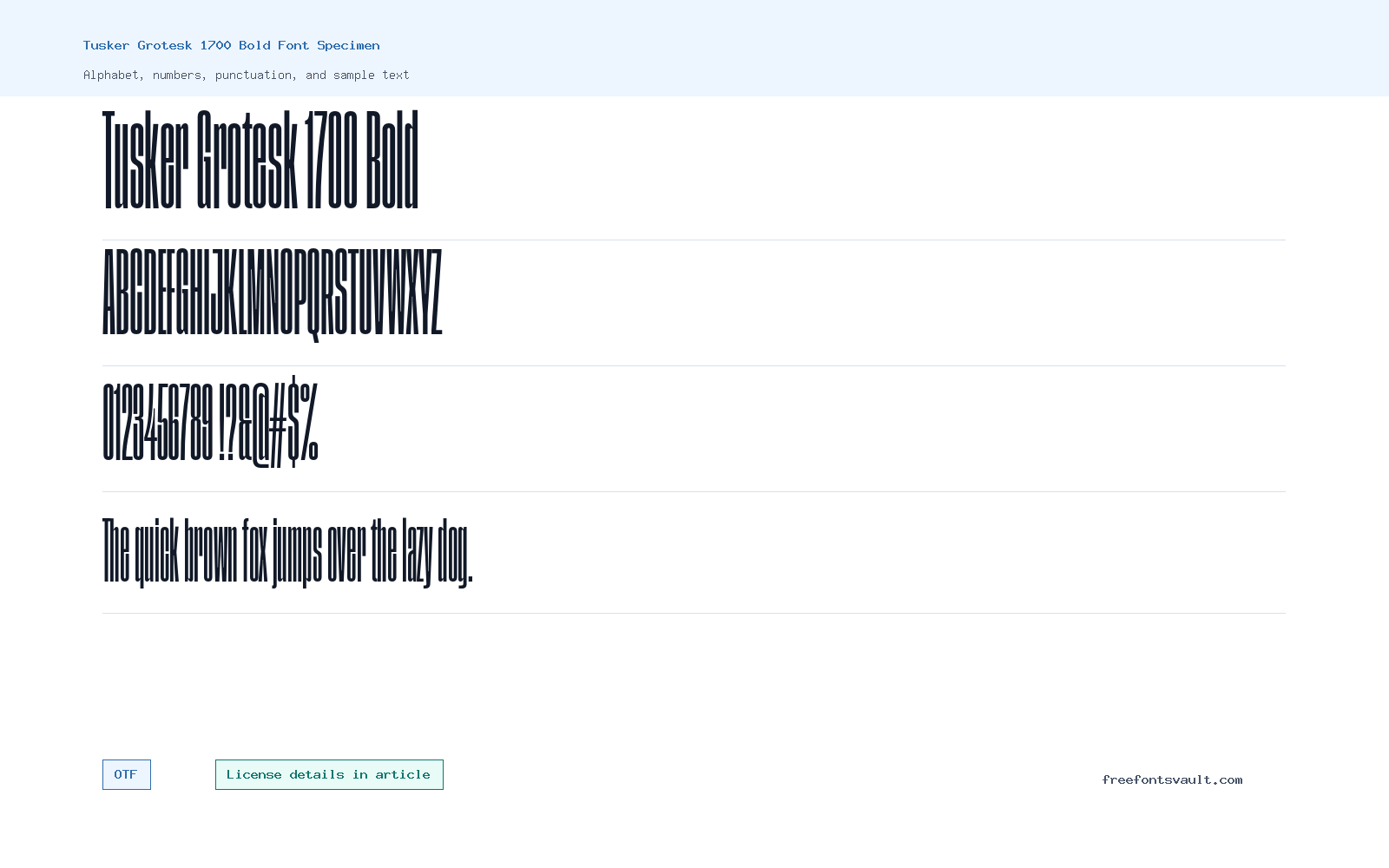 Tusker Grotesk 1700 Bold font specimen showing alphabet, numbers, and sample text
