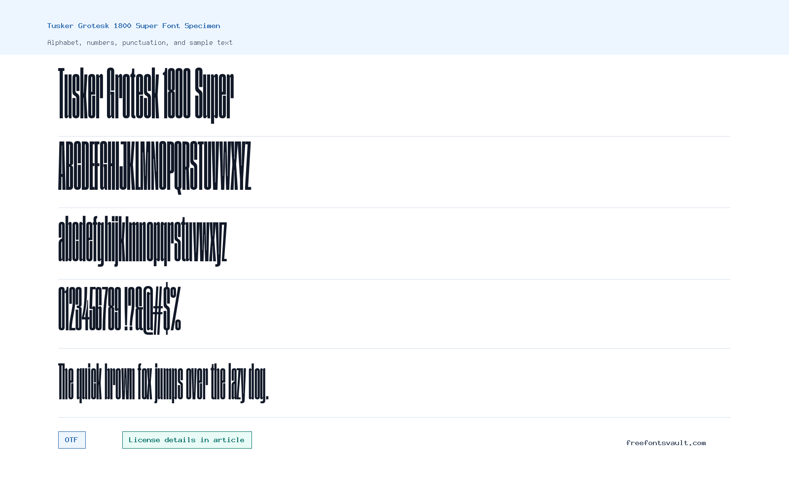 Tusker Grotesk 1800 Super font specimen showing alphabet, numbers, and sample text