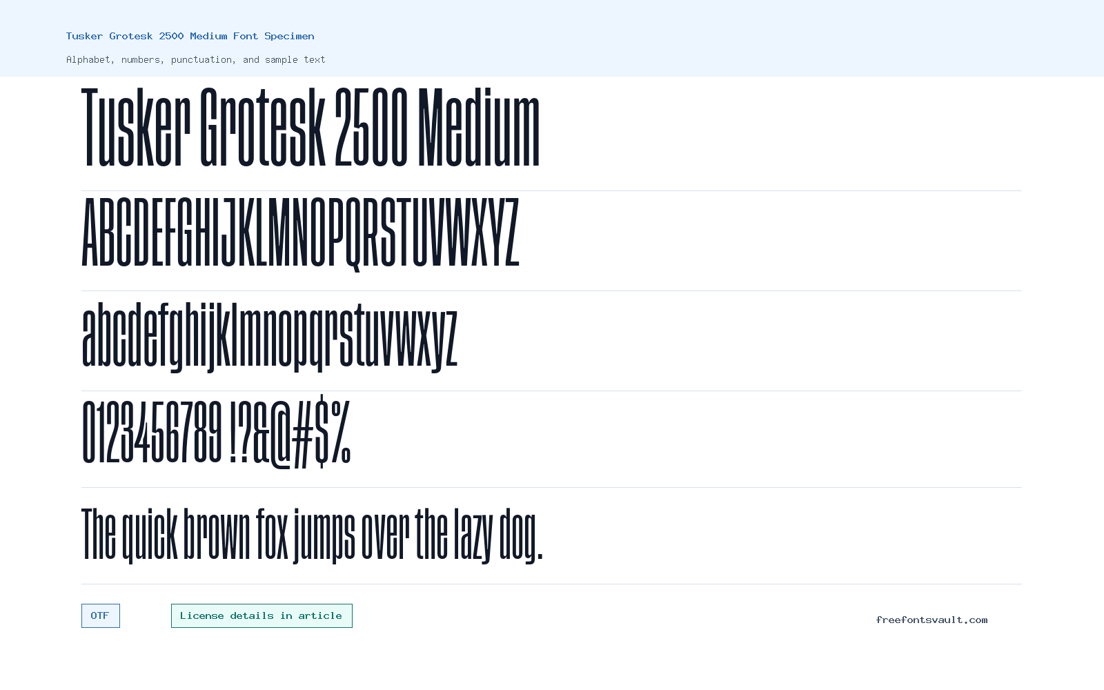 Tusker Grotesk 2500 Medium font specimen showing alphabet, numbers, and sample text