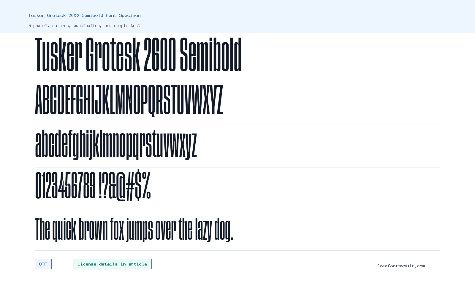 Tusker Grotesk 2600 Semibold font specimen showing alphabet, numbers, and sample text