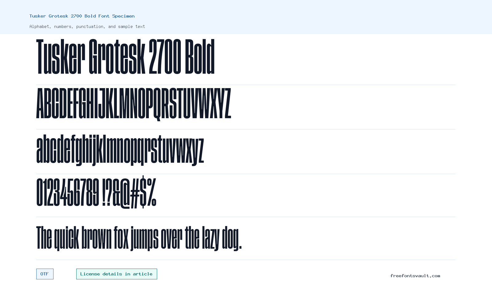 Tusker Grotesk 2700 Bold font specimen showing alphabet, numbers, and sample text