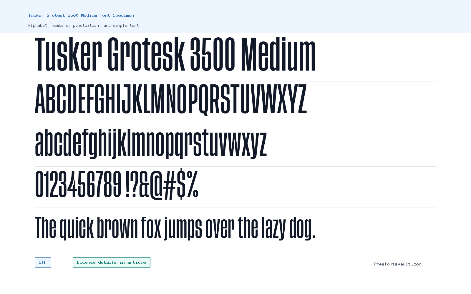 Tusker Grotesk 3500 Medium font specimen showing alphabet, numbers, and sample text
