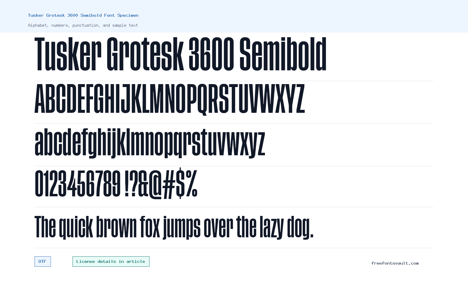 Tusker Grotesk 3600 Semibold font specimen showing alphabet, numbers, and sample text