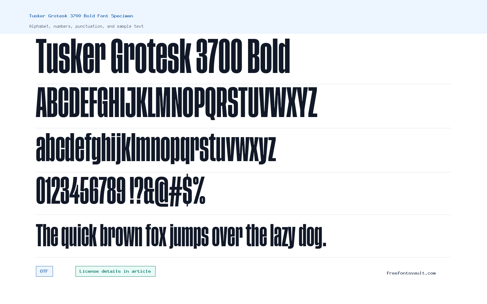 Tusker Grotesk 3700 Bold font specimen showing alphabet, numbers, and sample text
