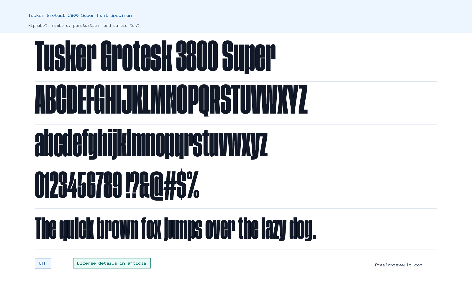 Tusker Grotesk 3800 Super font specimen showing alphabet, numbers, and sample text