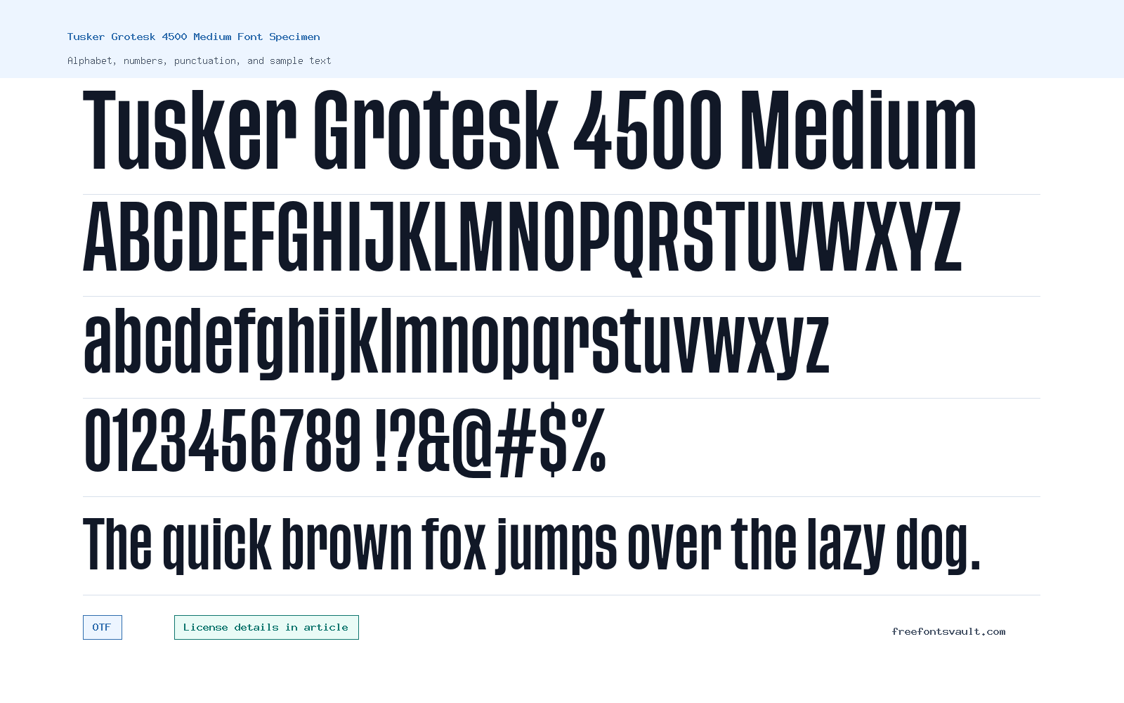 Tusker Grotesk 4500 Medium font specimen showing alphabet, numbers, and sample text