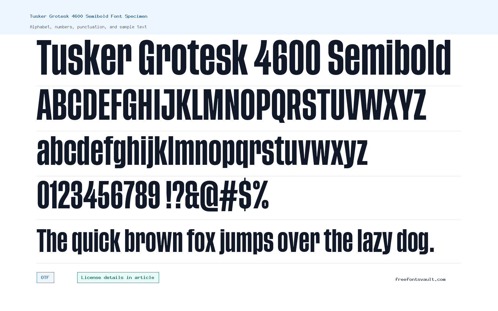 Tusker Grotesk 4600 Semibold font specimen showing alphabet, numbers, and sample text
