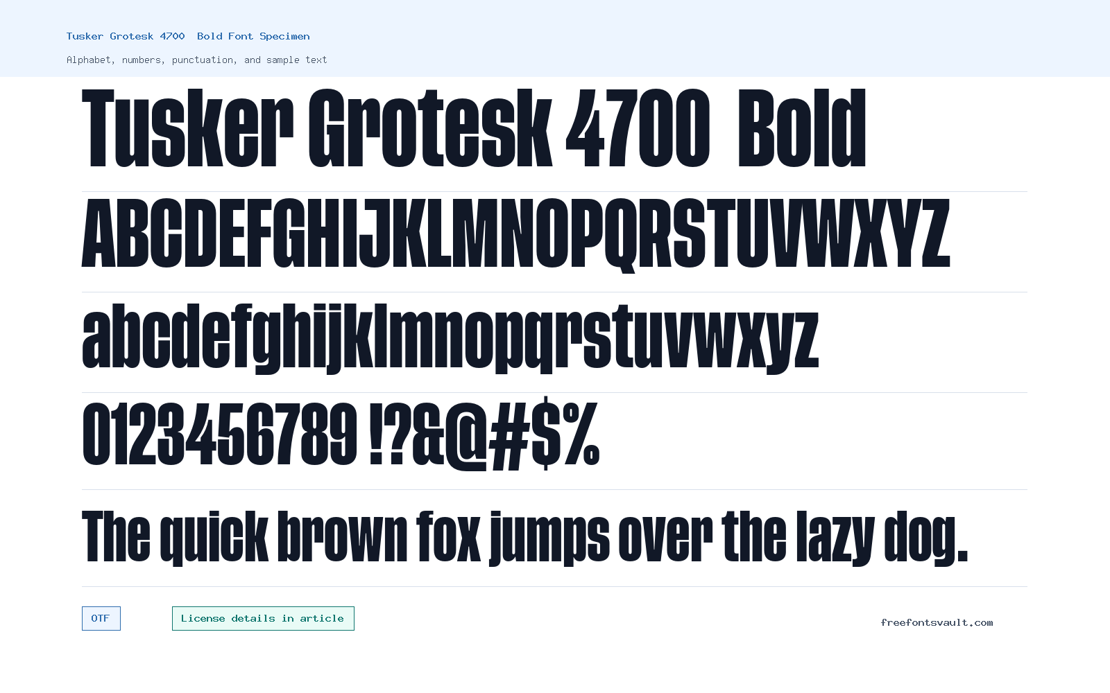 Tusker Grotesk 4700  Bold font specimen showing alphabet, numbers, and sample text