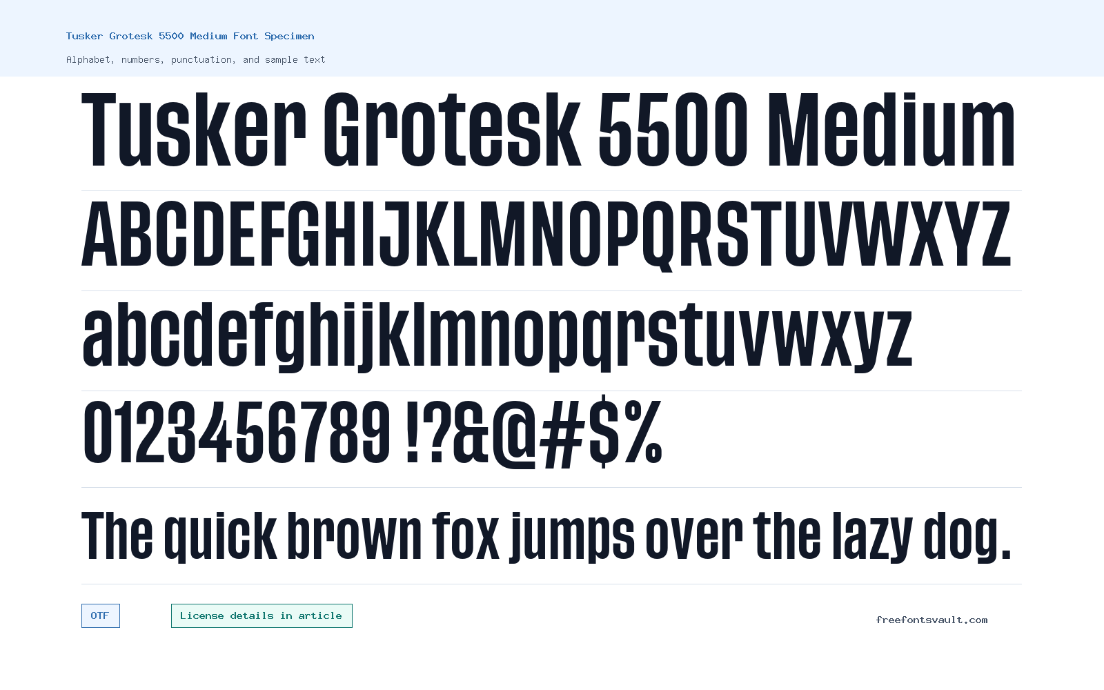 Tusker Grotesk 5500 Medium font specimen showing alphabet, numbers, and sample text