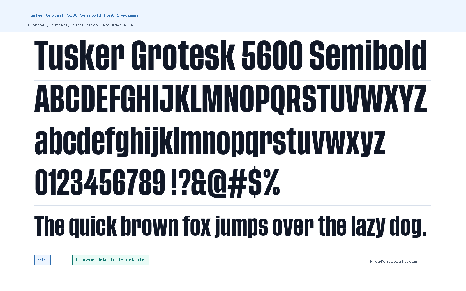 Tusker Grotesk 5600 Semibold font specimen showing alphabet, numbers, and sample text