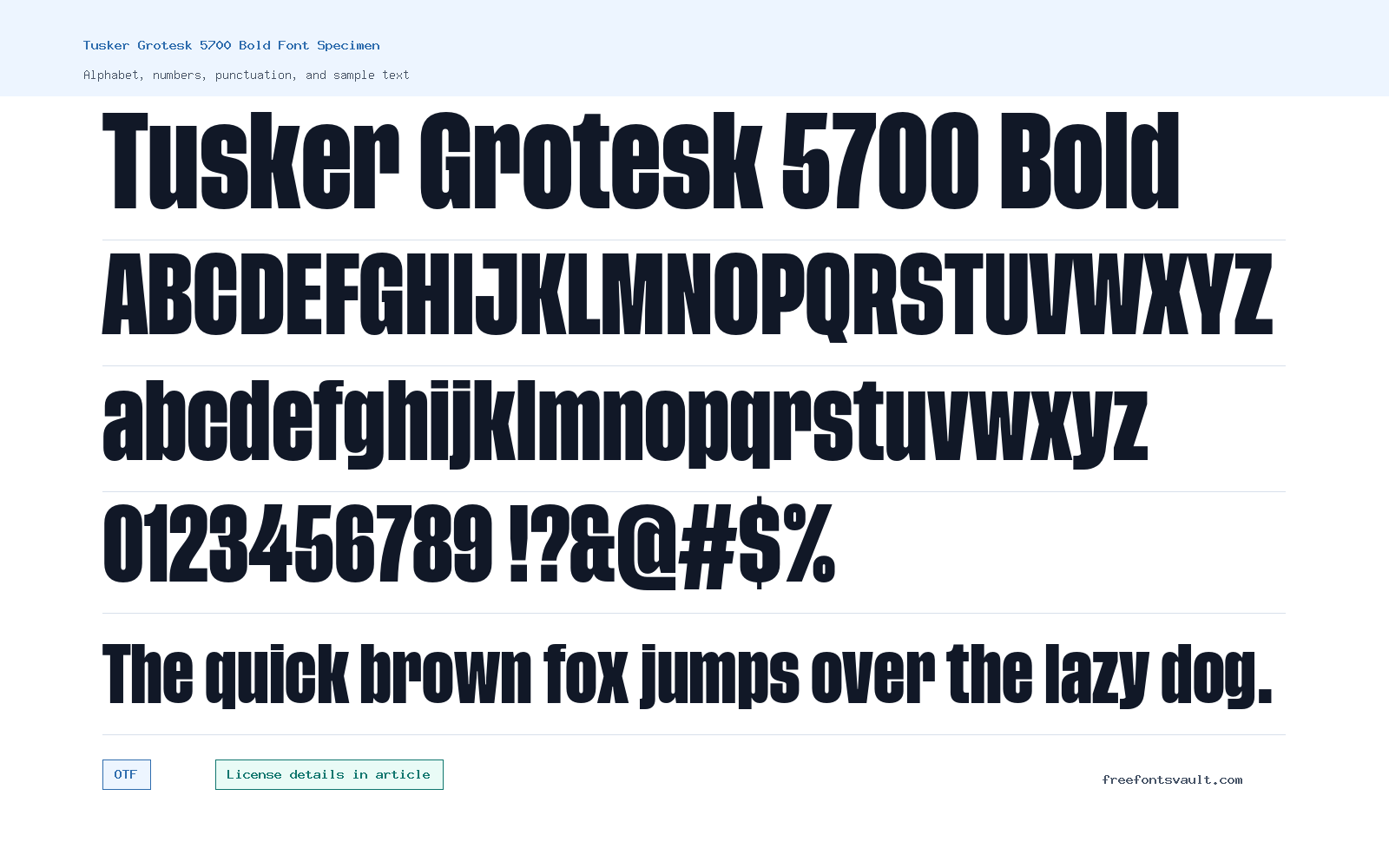 Tusker Grotesk 5700 Bold font specimen showing alphabet, numbers, and sample text