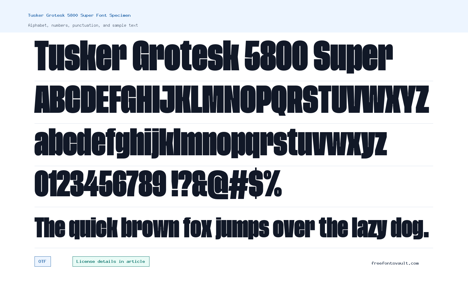 Tusker Grotesk 5800 Super font specimen showing alphabet, numbers, and sample text