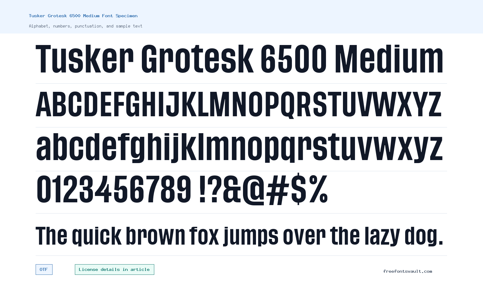 Tusker Grotesk 6500 Medium font specimen showing alphabet, numbers, and sample text
