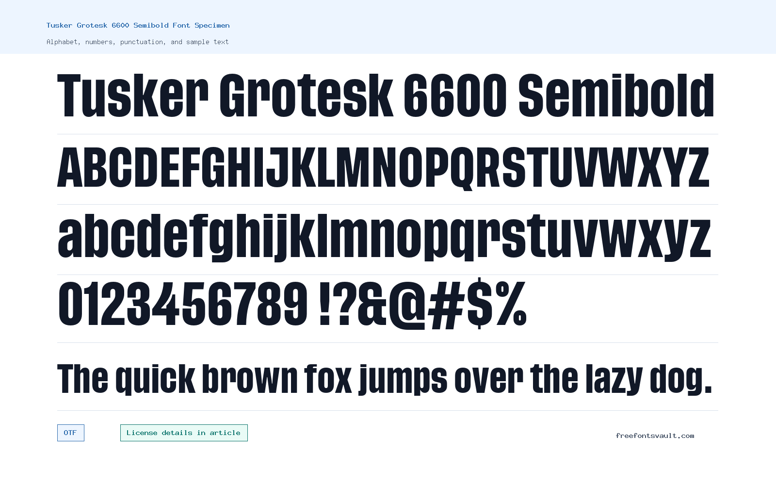 Tusker Grotesk 6600 Semibold font specimen showing alphabet, numbers, and sample text