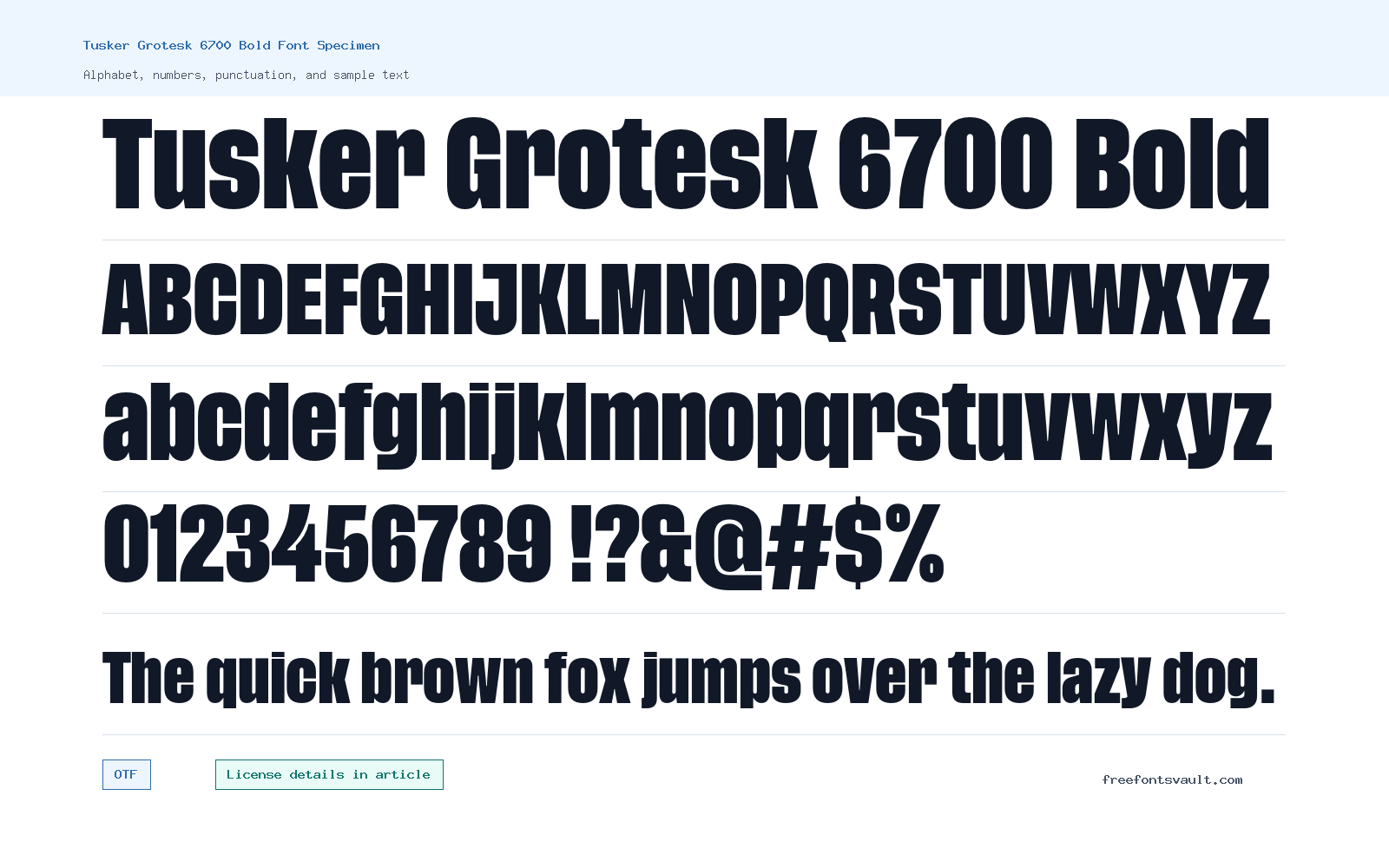 Tusker Grotesk 6700 Bold font specimen showing alphabet, numbers, and sample text