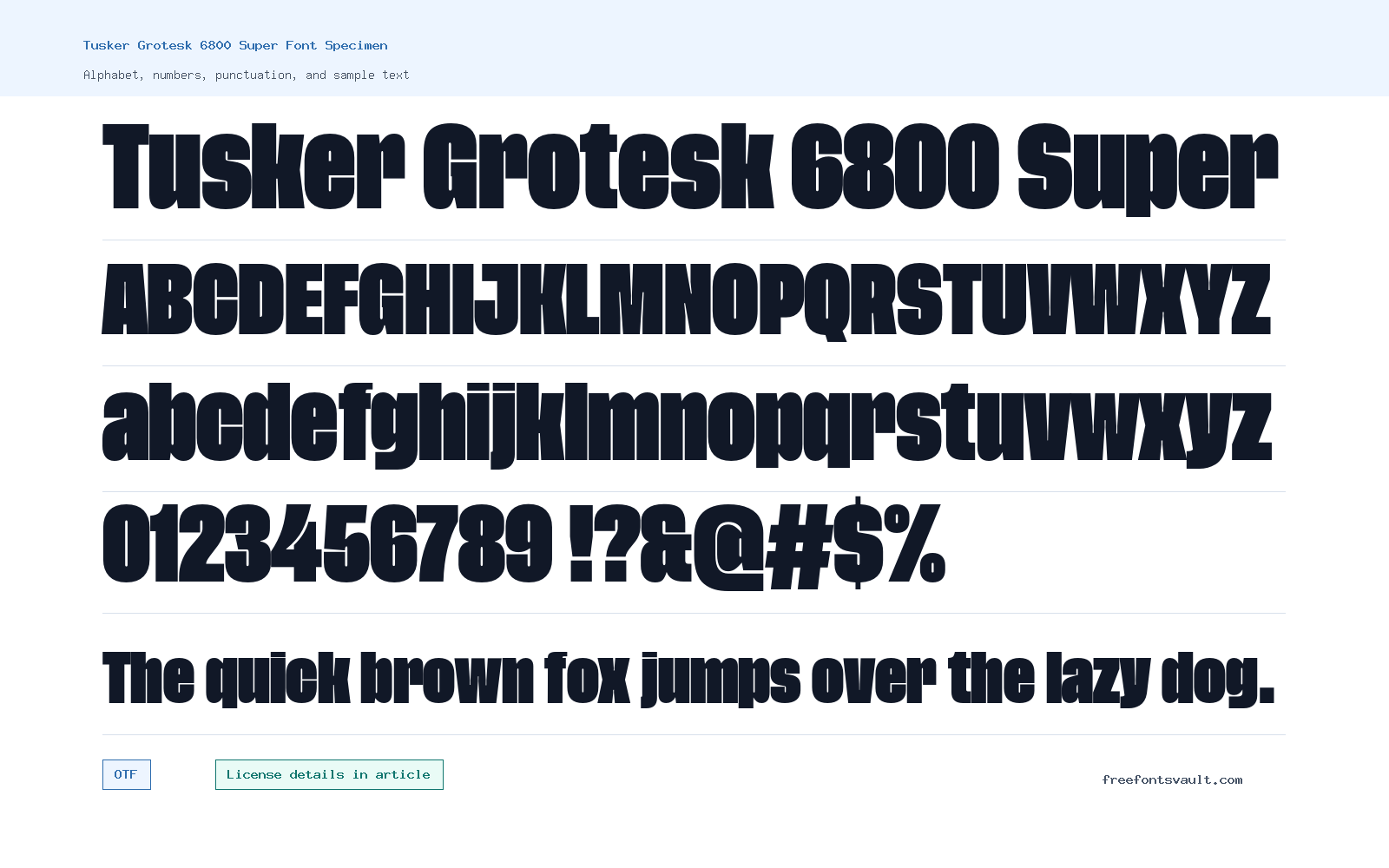 Tusker Grotesk 6800 Super font specimen showing alphabet, numbers, and sample text
