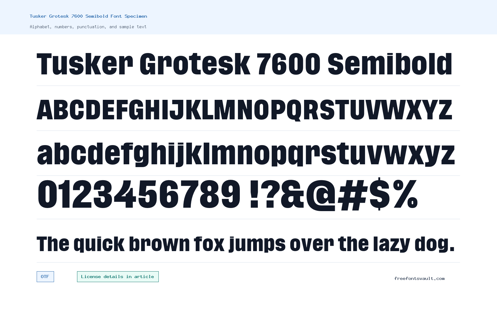 Tusker Grotesk 7600 Semibold font specimen showing alphabet, numbers, and sample text