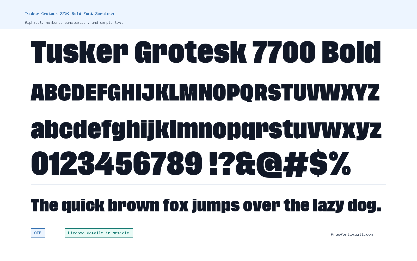 Tusker Grotesk 7700 Bold font specimen showing alphabet, numbers, and sample text