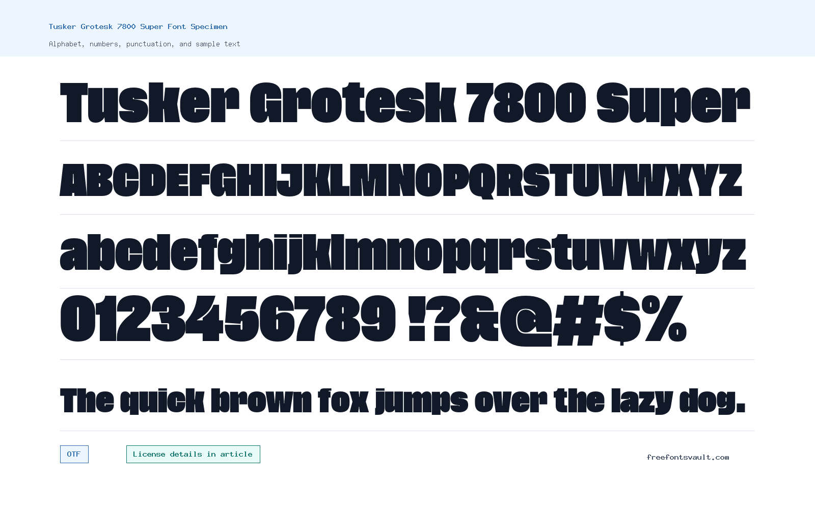 Tusker Grotesk 7800 Super font specimen showing alphabet, numbers, and sample text