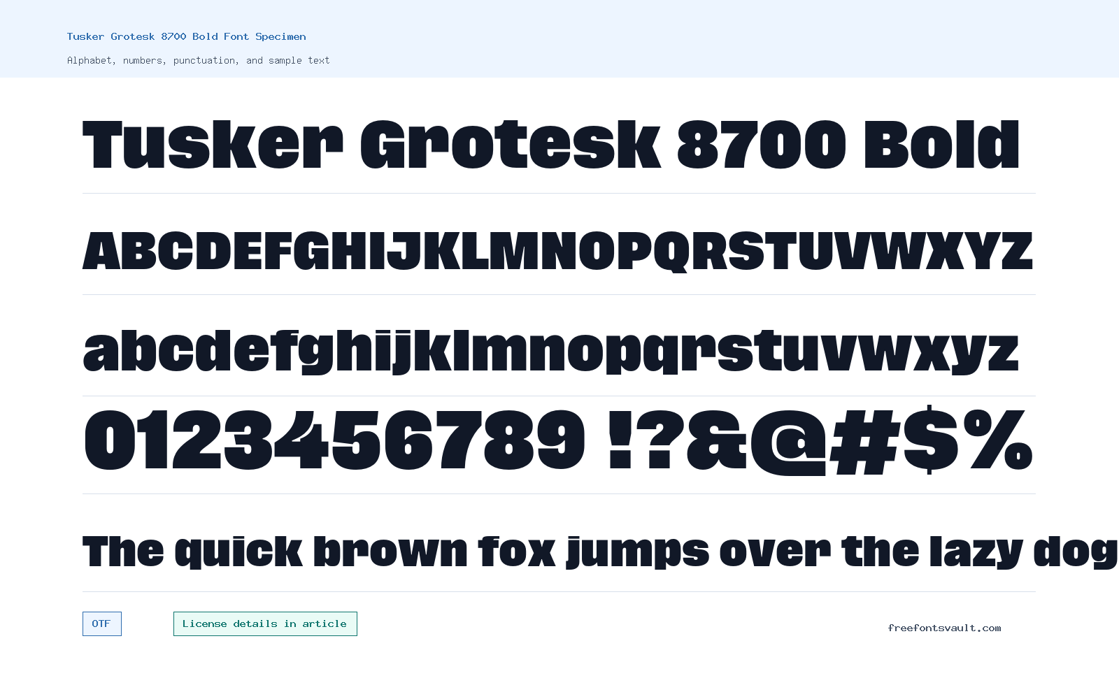 Tusker Grotesk 8700 Bold font specimen showing alphabet, numbers, and sample text
