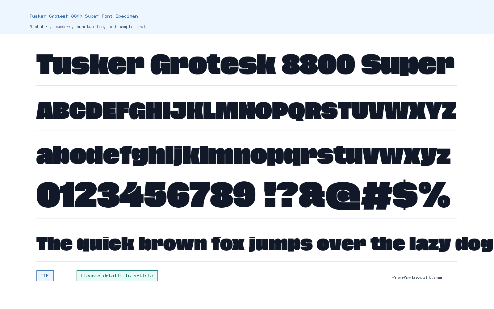 Tusker Grotesk 8800 Super font specimen showing alphabet, numbers, and sample text