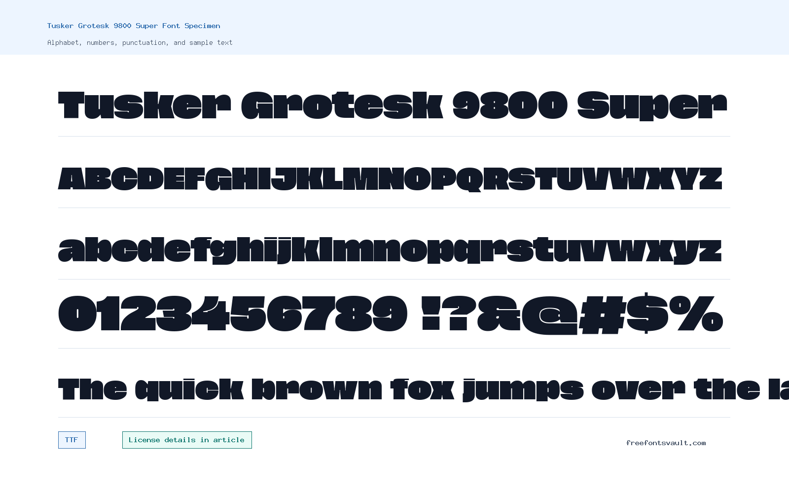 Tusker Grotesk 9800 Super font specimen showing alphabet, numbers, and sample text