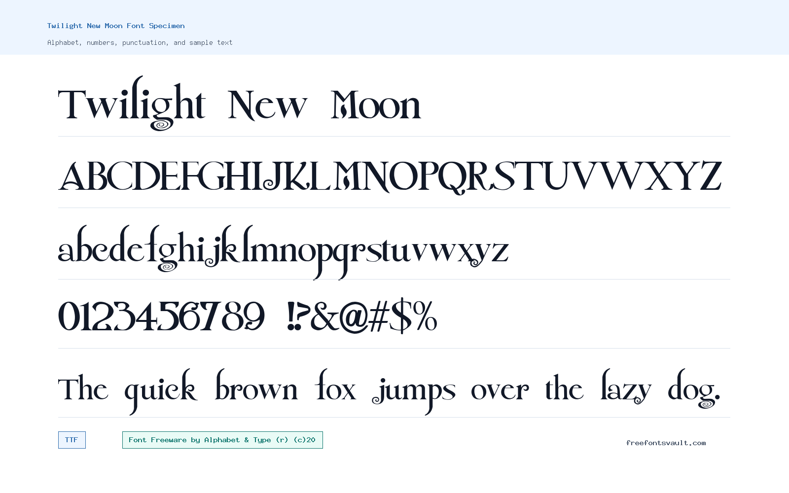 Twilight New Moon font specimen showing alphabet, numbers, and sample text