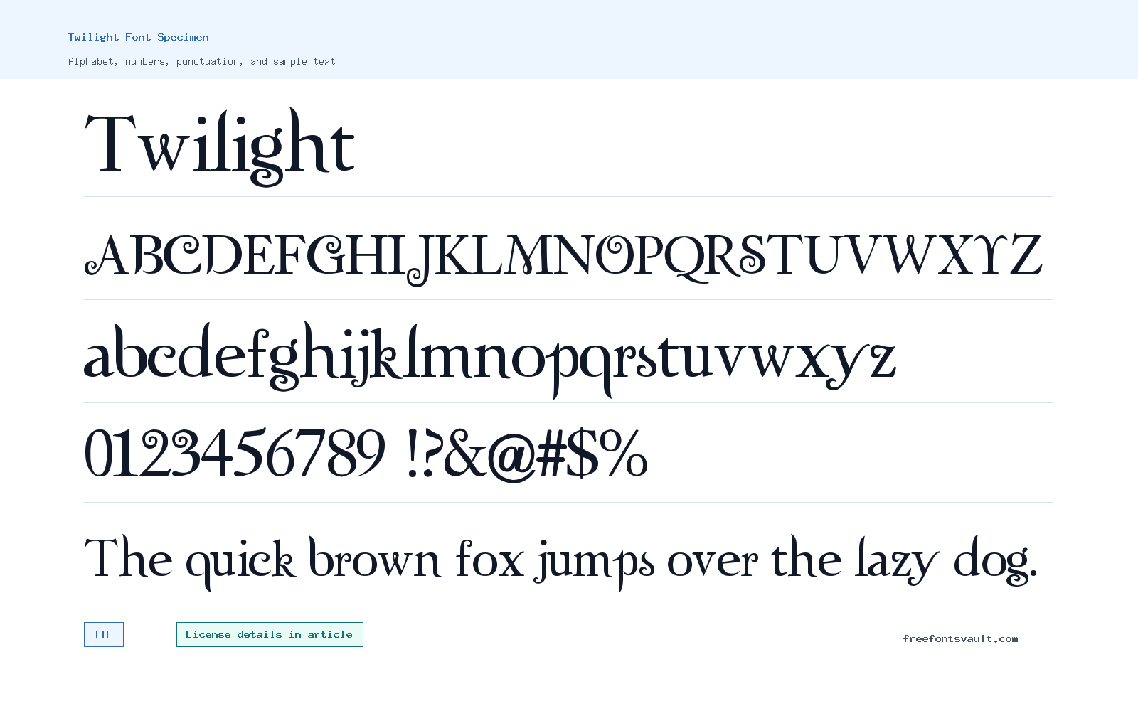 Twilight font specimen showing alphabet, numbers, and sample text
