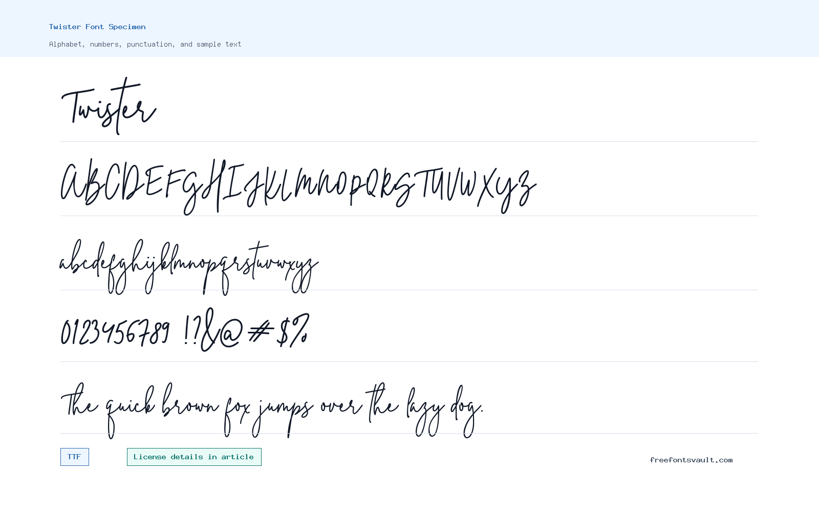 Twister font specimen showing alphabet, numbers, and sample text