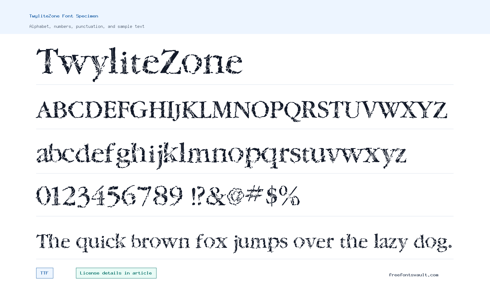 TwyliteZone font specimen showing alphabet, numbers, and sample text