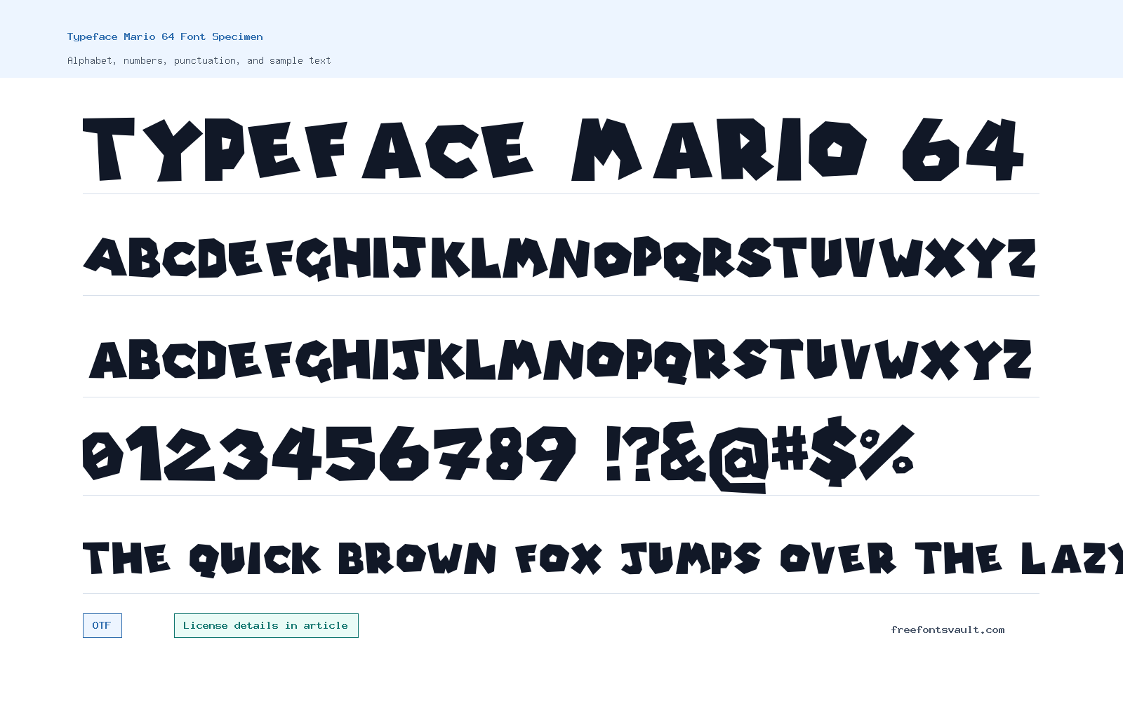 Typeface Mario 64 font specimen showing alphabet, numbers, and sample text