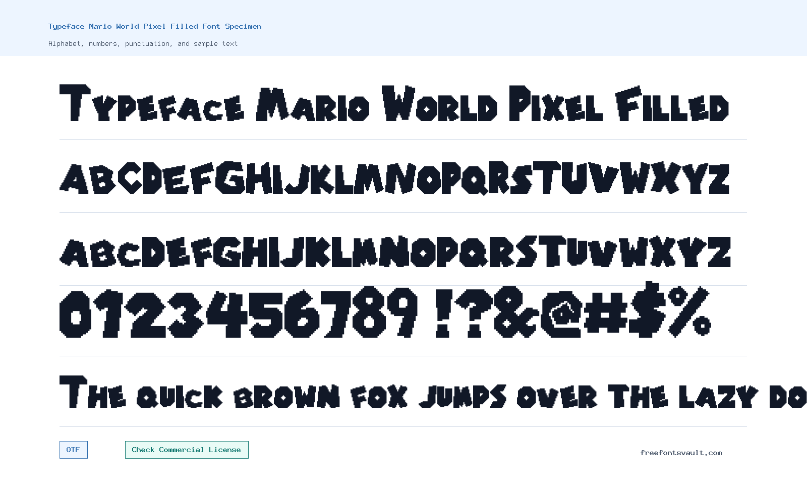 Typeface Mario World Pixel Filled font specimen showing alphabet, numbers, and sample text