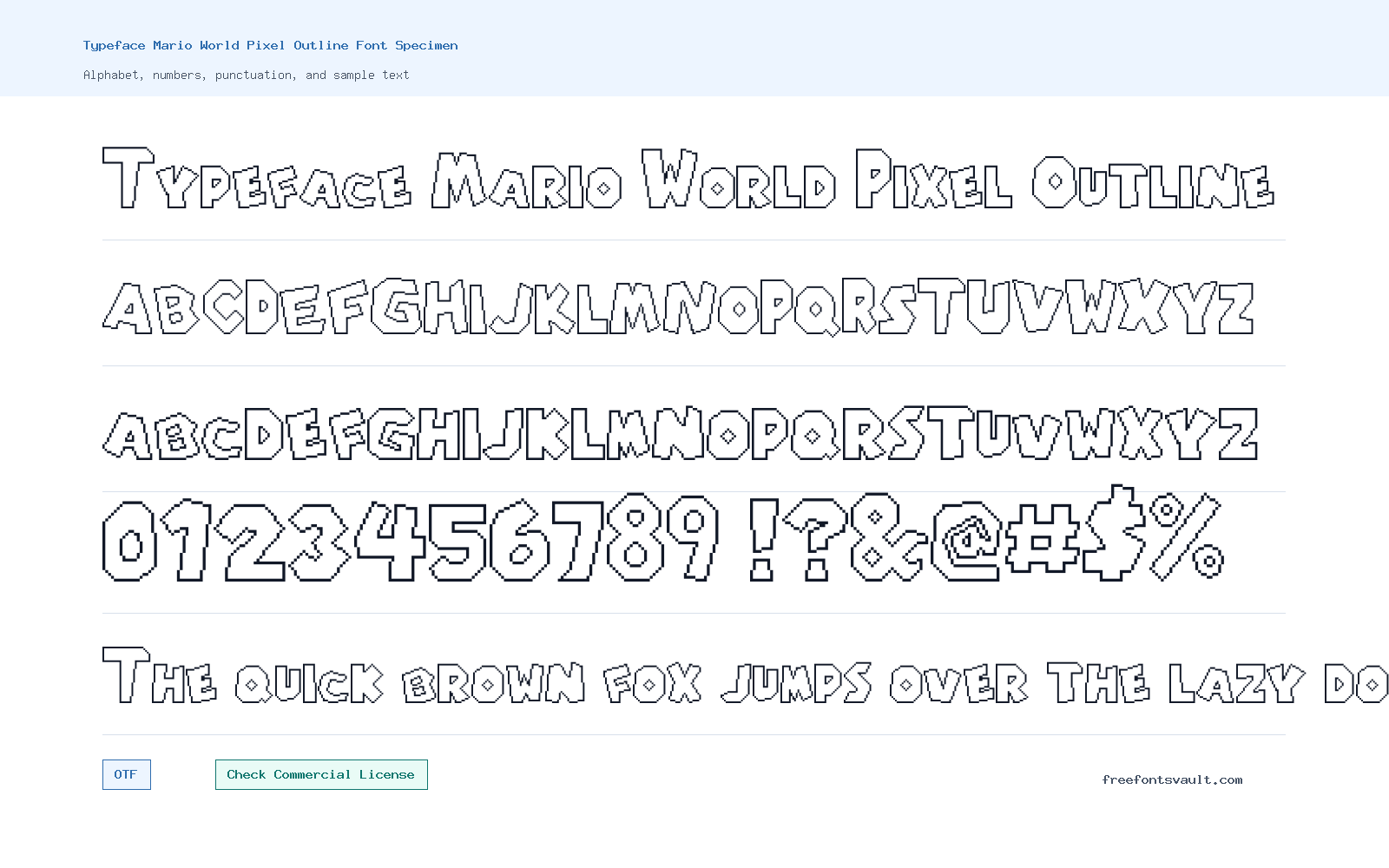 Typeface Mario World Pixel Outline font specimen showing alphabet, numbers, and sample text