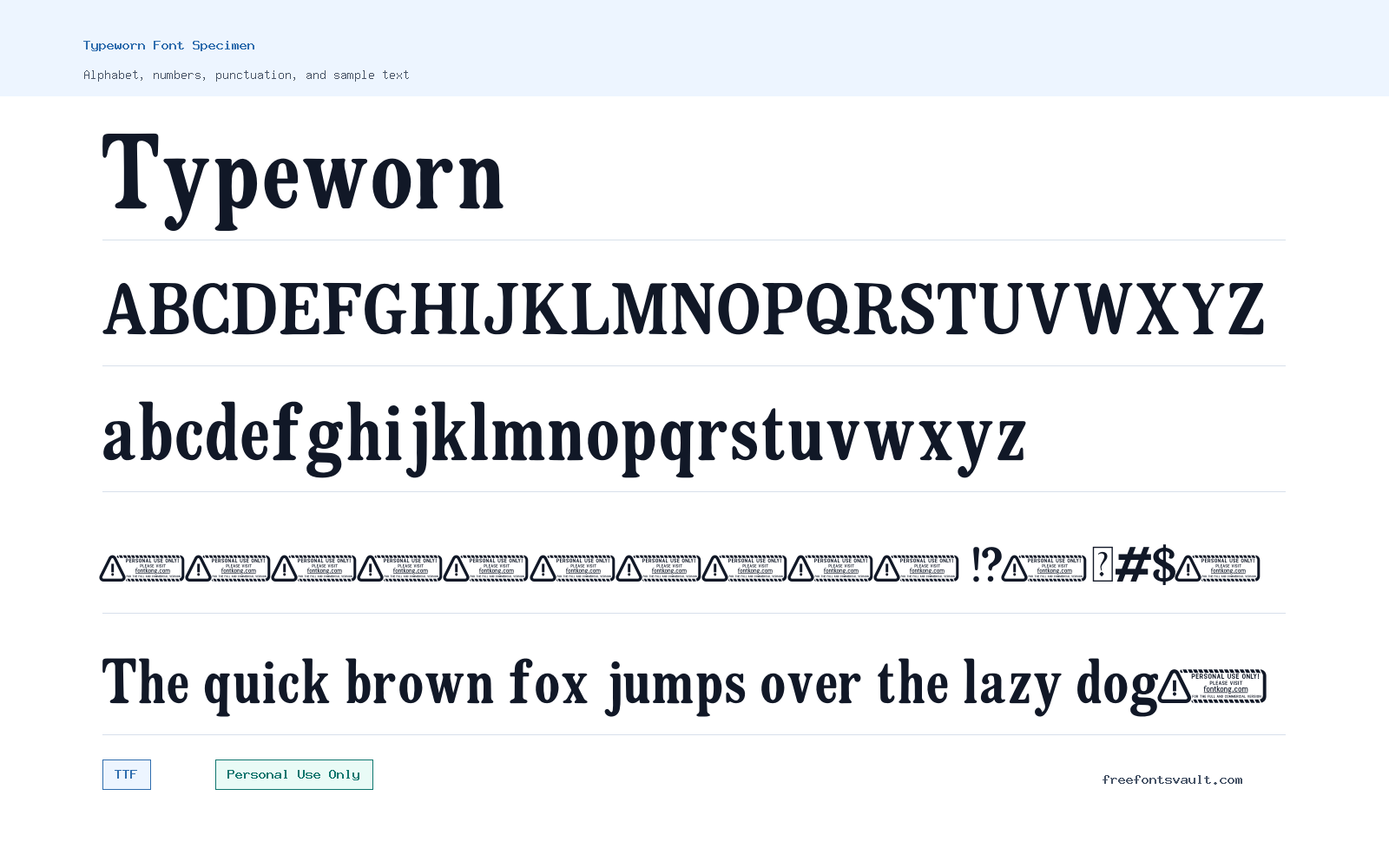 Typeworn font specimen showing alphabet, numbers, and sample text