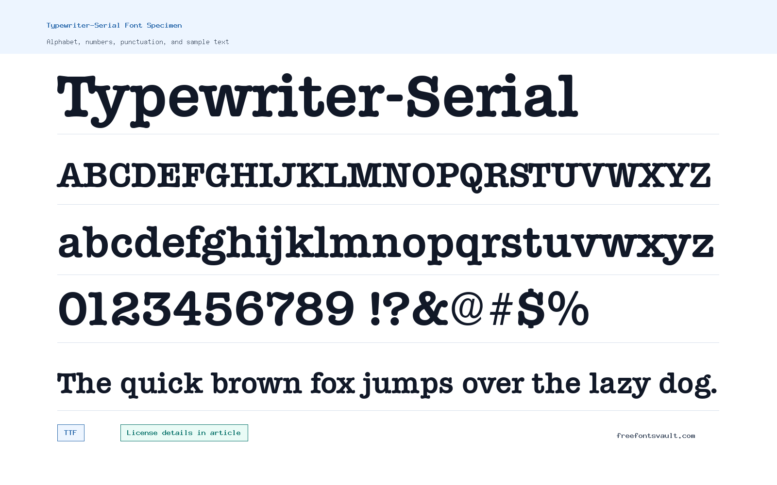 Typewriter-Serial font specimen showing alphabet, numbers, and sample text