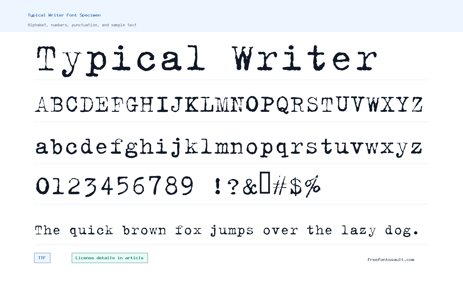 Typical Writer font specimen showing alphabet, numbers, and sample text