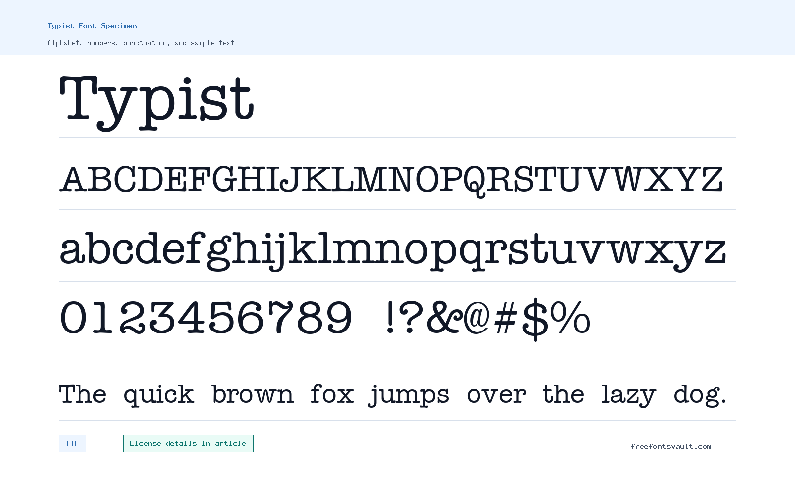 Typist font specimen showing alphabet, numbers, and sample text