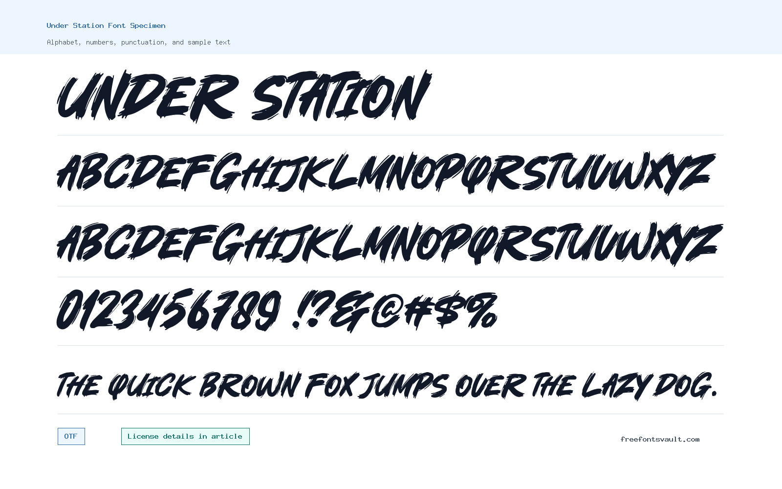 Under Station font specimen showing alphabet, numbers, and sample text