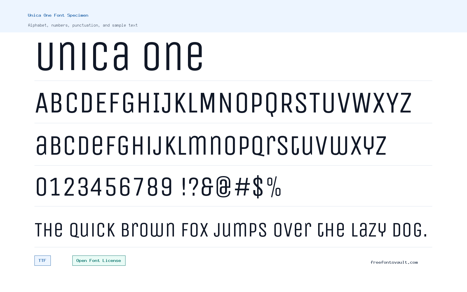 Unica One font specimen showing alphabet, numbers, and sample text
