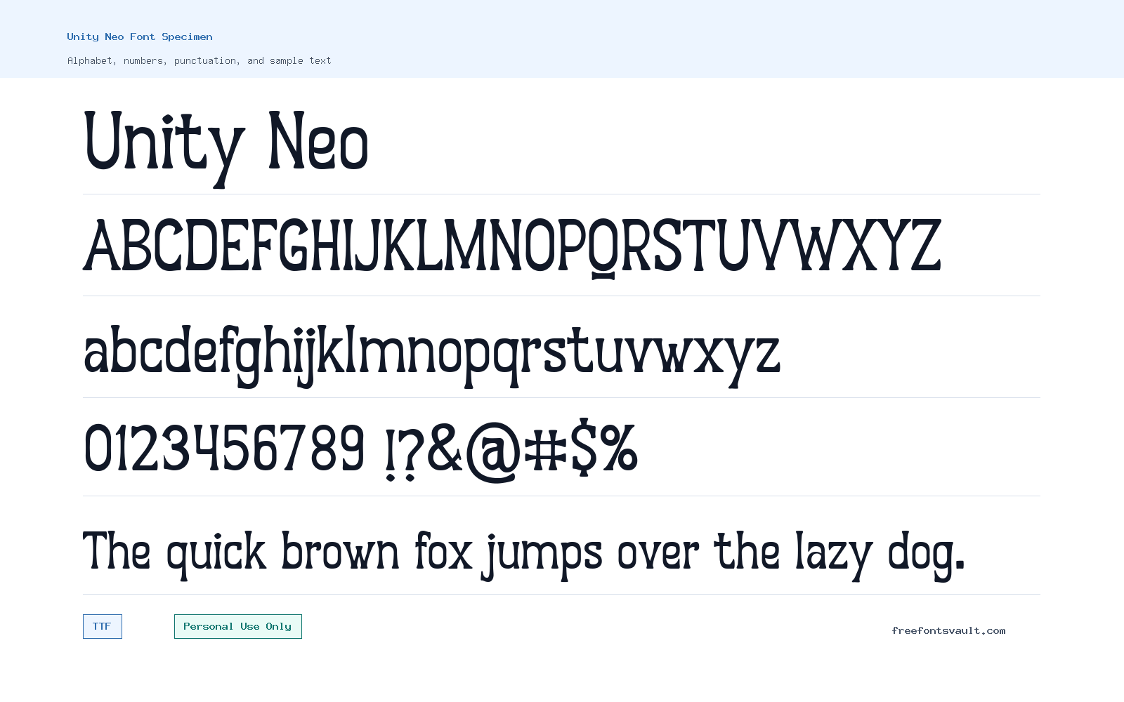 Unity Neo font specimen showing alphabet, numbers, and sample text