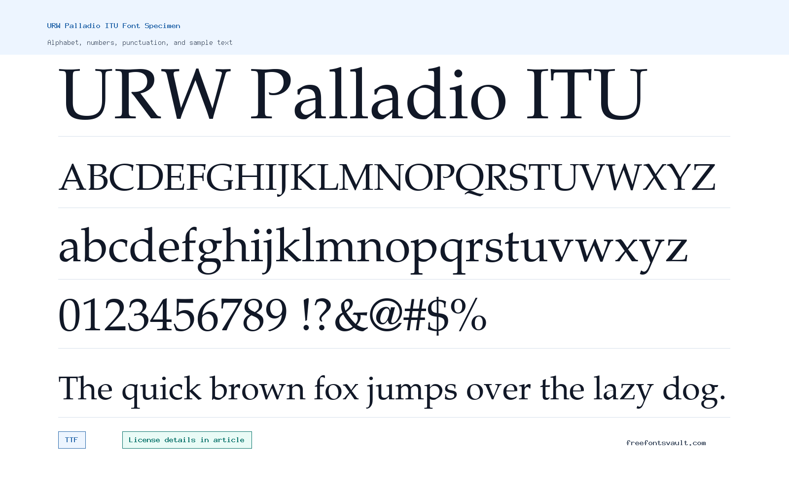 URW Palladio ITU font specimen showing alphabet, numbers, and sample text