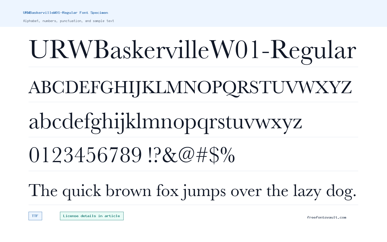 URWBaskervilleW01-Regular font specimen showing alphabet, numbers, and sample text