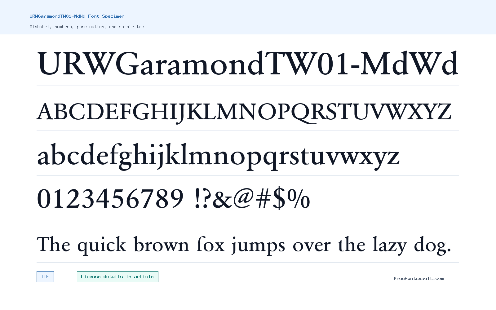 URWGaramondTW01-MdWd font specimen showing alphabet, numbers, and sample text