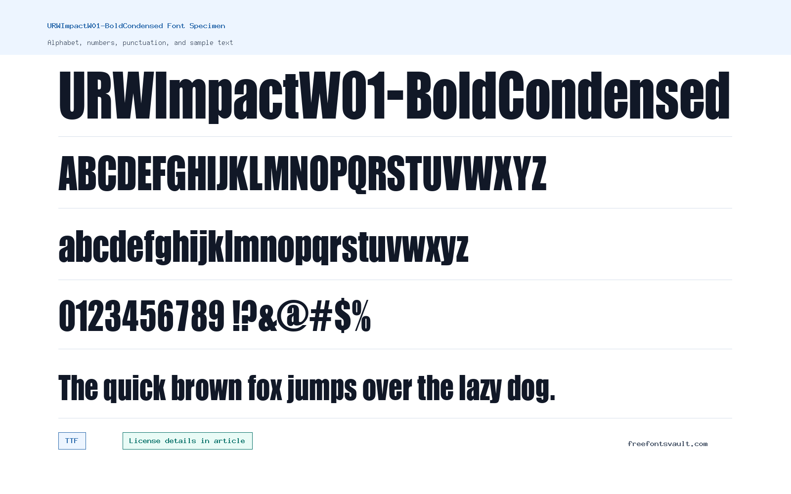 URWImpactW01-BoldCondensed font specimen showing alphabet, numbers, and sample text