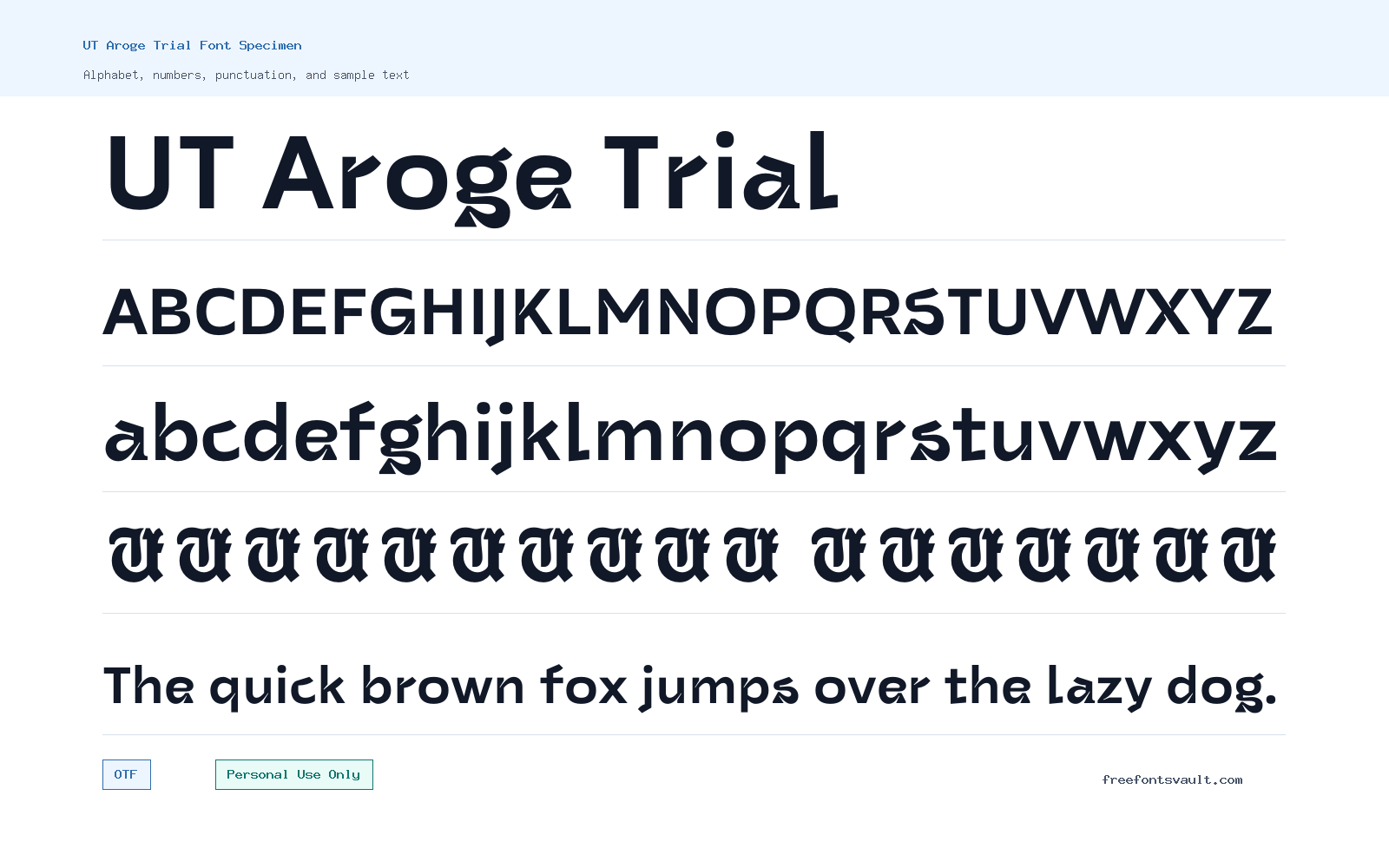 UT Aroge Trial font specimen showing alphabet, numbers, and sample text