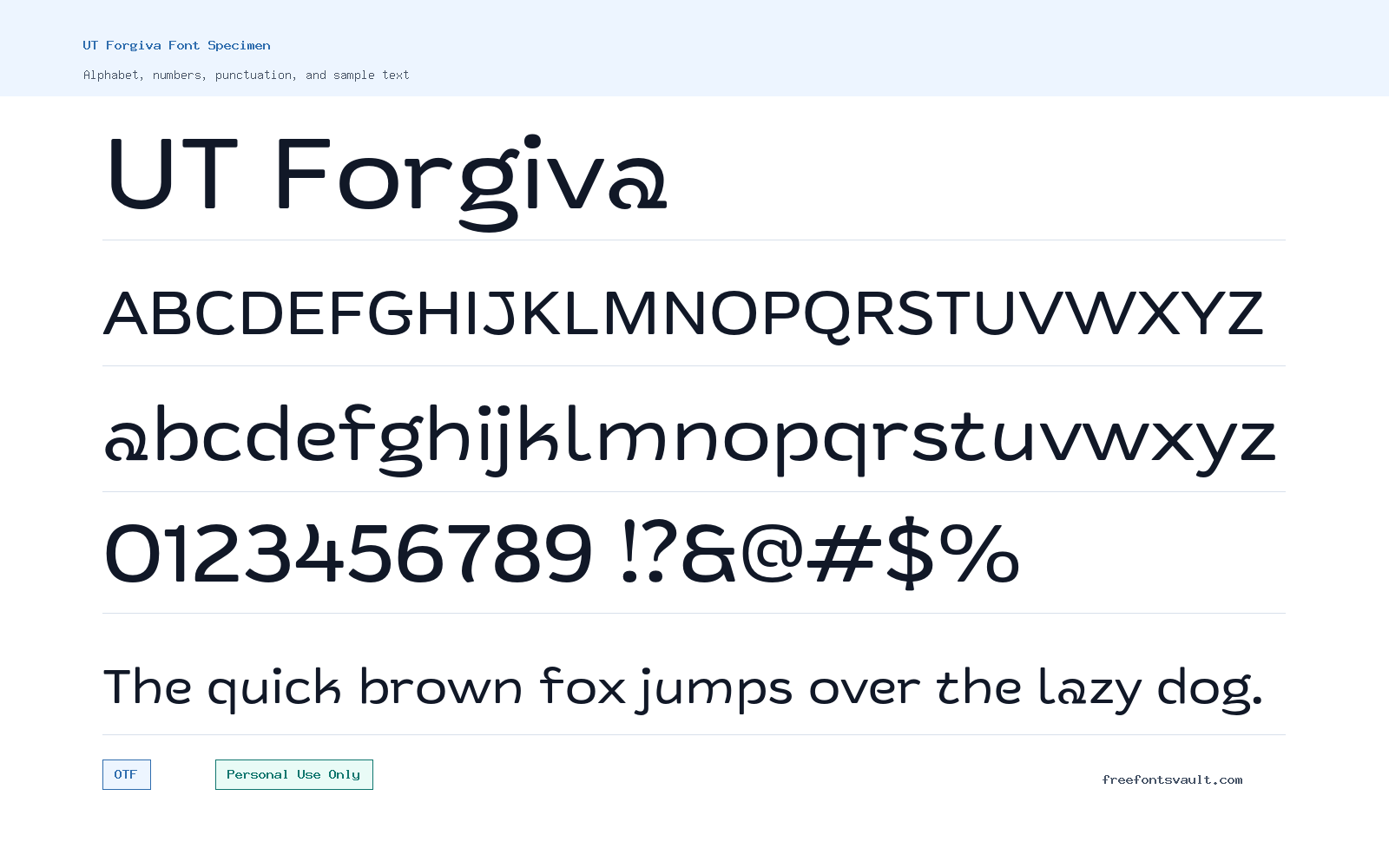 UT Forgiva font specimen showing alphabet, numbers, and sample text