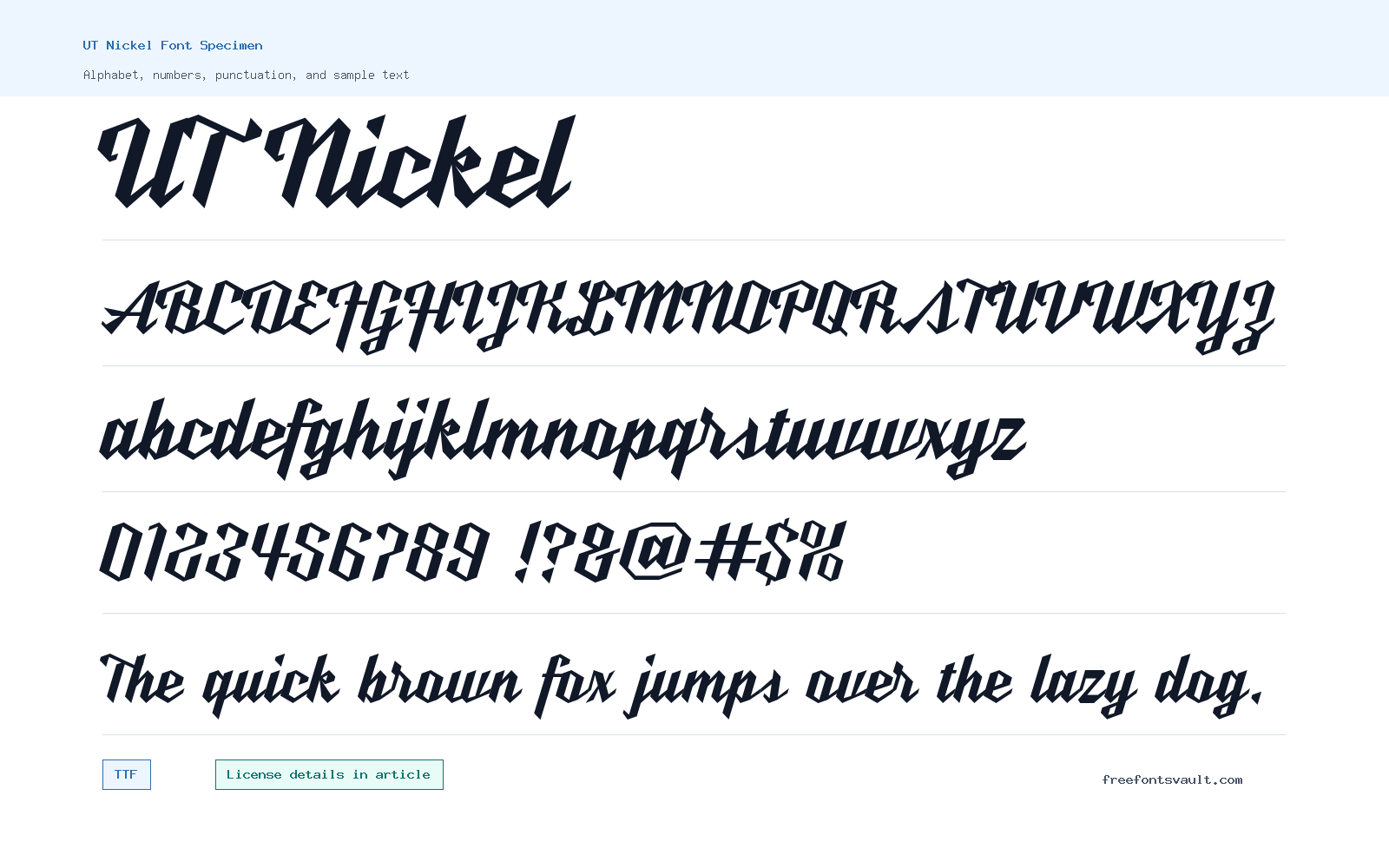 UT Nickel font specimen showing alphabet, numbers, and sample text