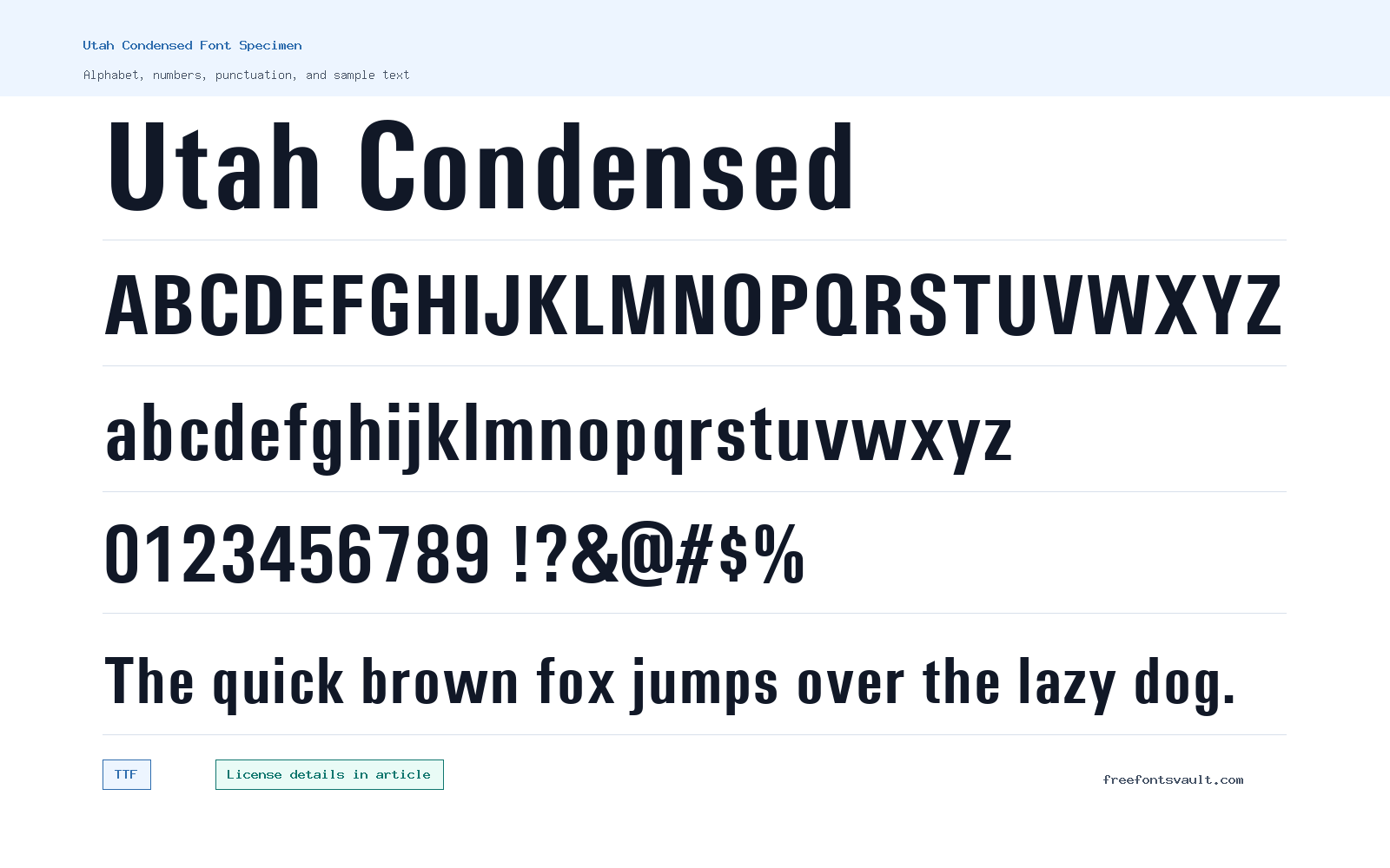 Utah Condensed font specimen showing alphabet, numbers, and sample text