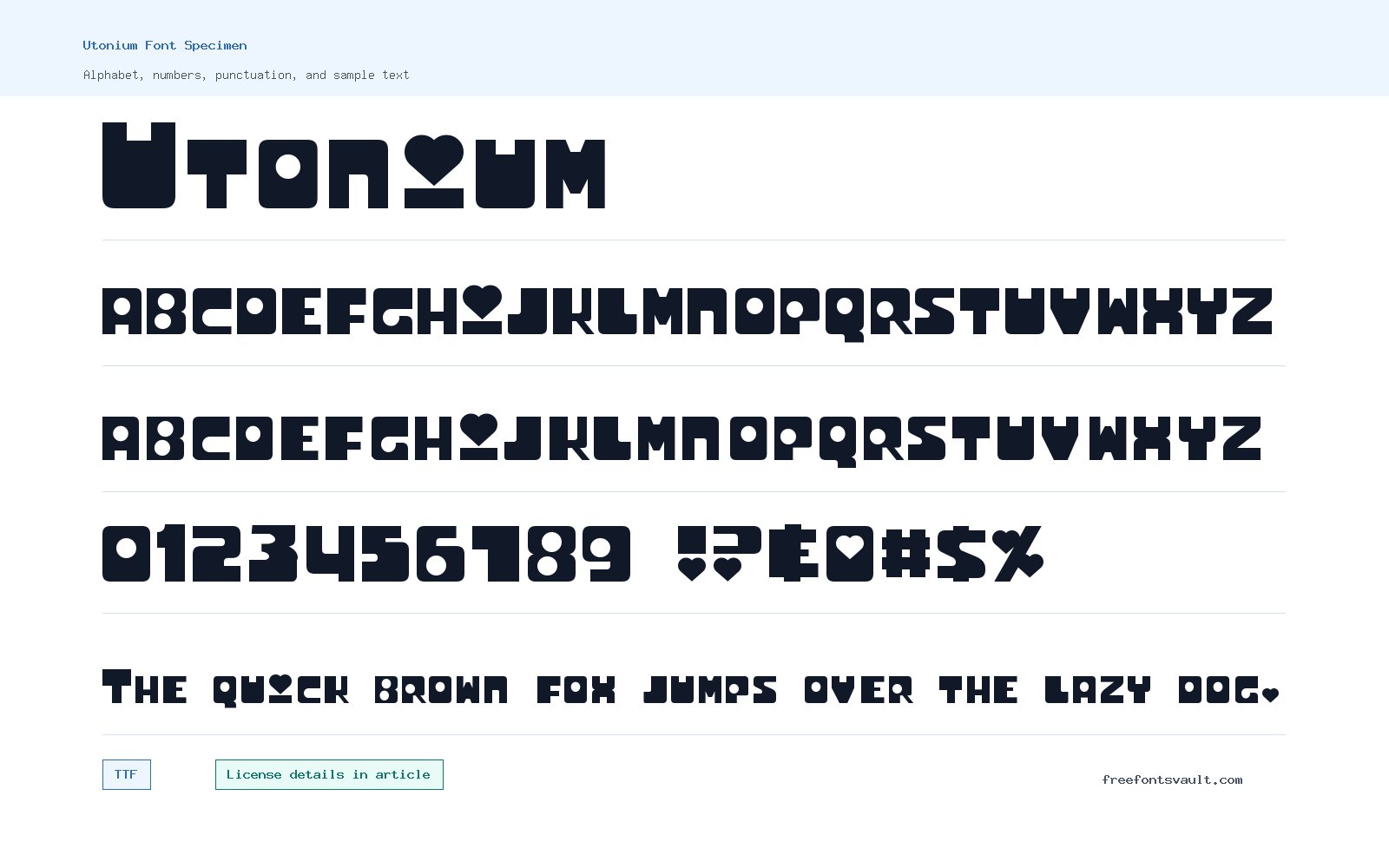 Utonium font specimen showing alphabet, numbers, and sample text