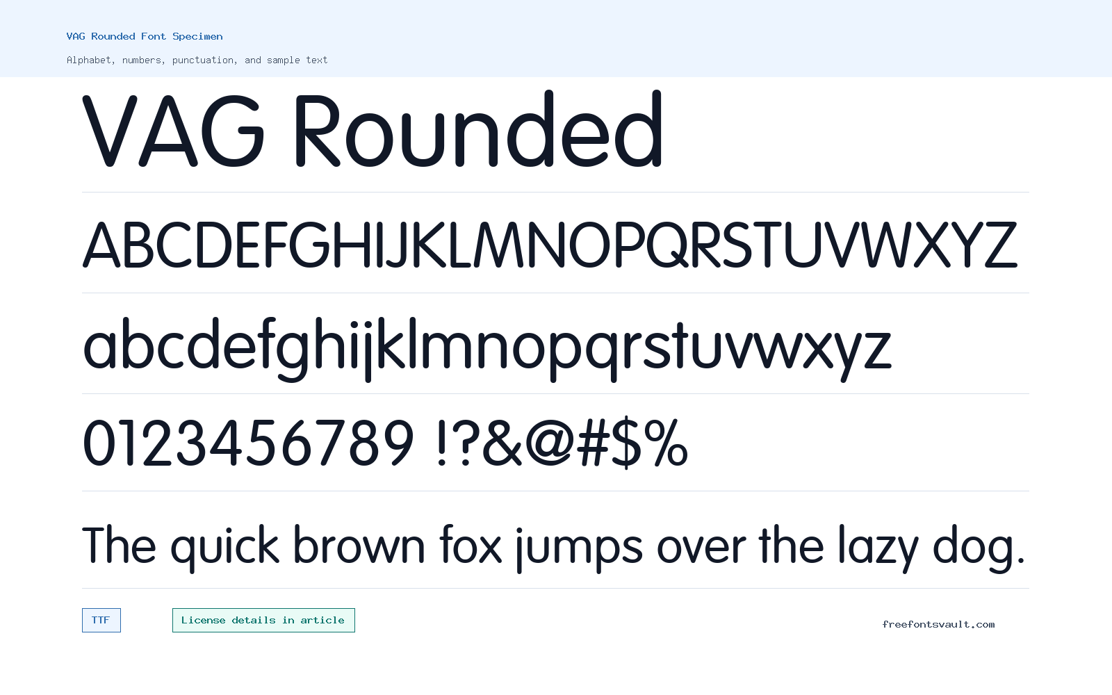 VAG Rounded font specimen showing alphabet, numbers, and sample text